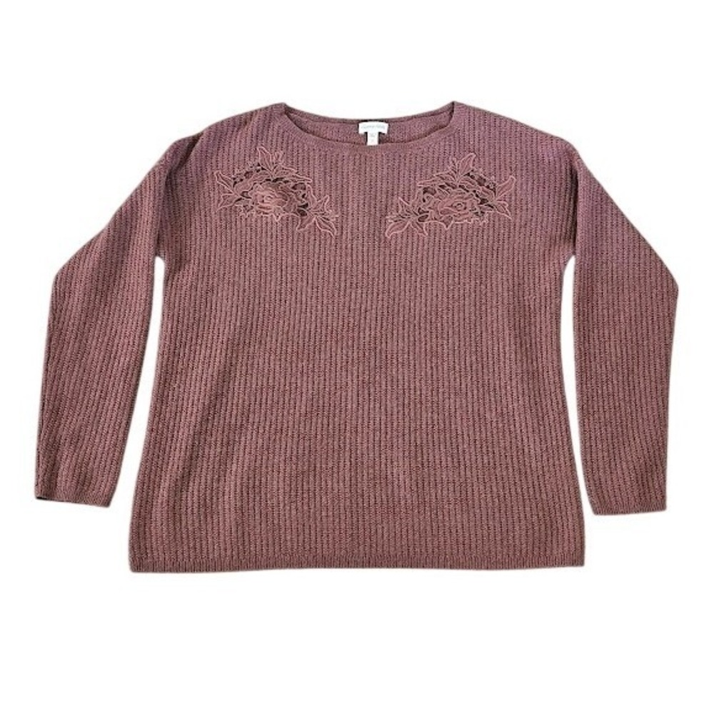 Garnet Hill 100% Cashmere Sweater Women Small Purple Knit Floral Lace Applique
